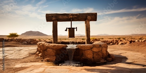 Wooden well in desert landscape photo