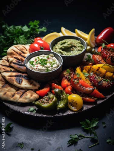 Assortment of mediterranean appetizers and dips