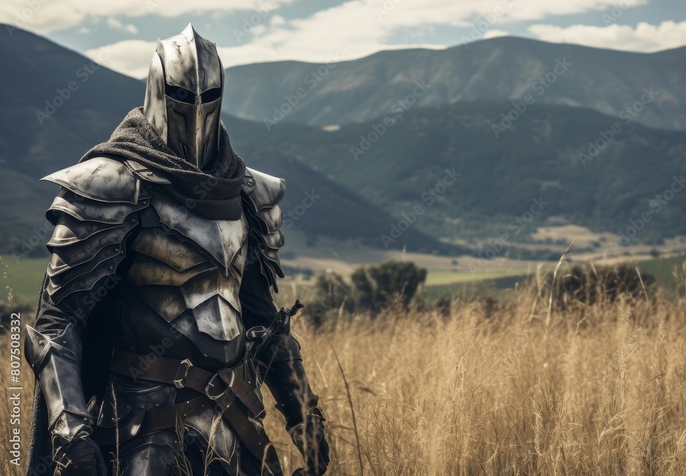 Armored warrior standing in a mountainous landscape Armored warrior standing in a mountainous landscape