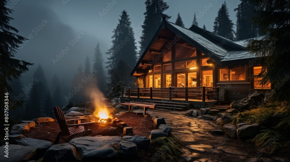 cozy cabin in the woods at night with a crackling fire cozy cabin in the woods at night with a crackling fire