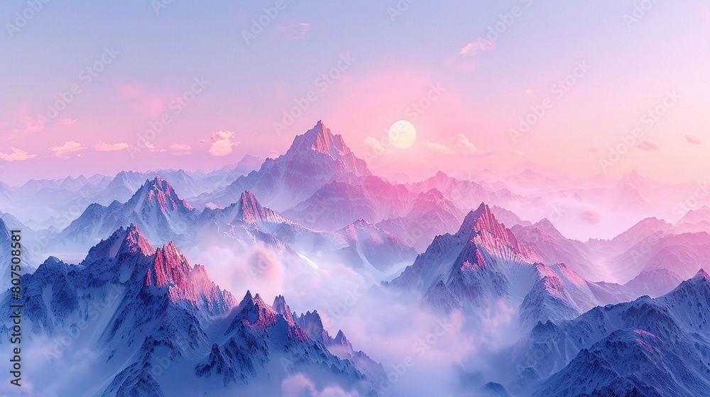mountain landscape at dawn, with misty valleys and jagged peaks bathed in the soft pink light of sunrise mountain landscape at dawn, with misty valleys and jagged peaks bathed in the soft pink light of sunrise
