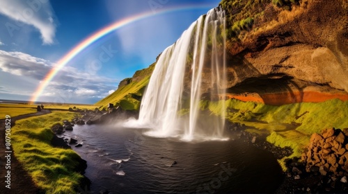 Stunning waterfall with rainbow in iceland