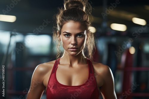 Determined woman in red sports top at the gym