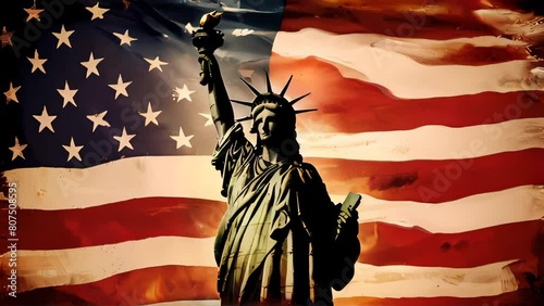 statue of liberty double expossure of fluttering american flag for Video of National Day United State etc.