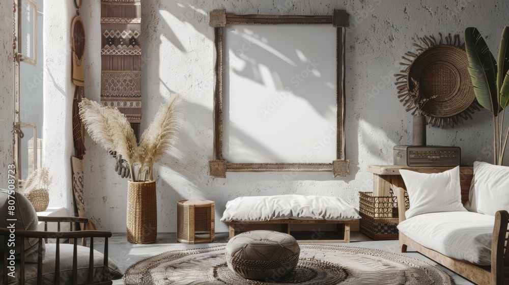 Obraz premium A Mockup frame in a nomadic boho interior brings out the eclectic vibes, 3D render sharpen