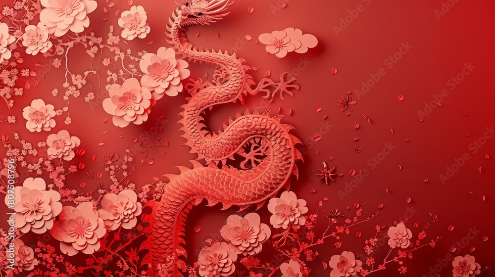 Obraz premium A mystical dragon coils amid cherry blossoms against a dramatic red backdrop