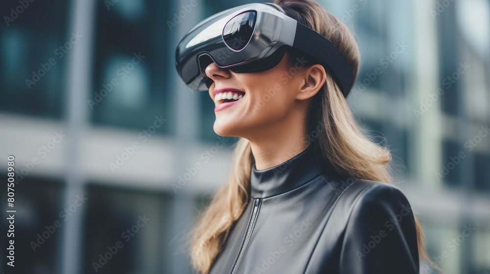 woman smiling while wearing virtual reality headset woman smiling while wearing virtual reality headset