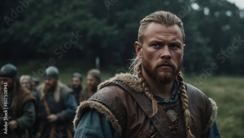 A Viking man with braided blond hair stands near the forest with a group of men behind him © asdro