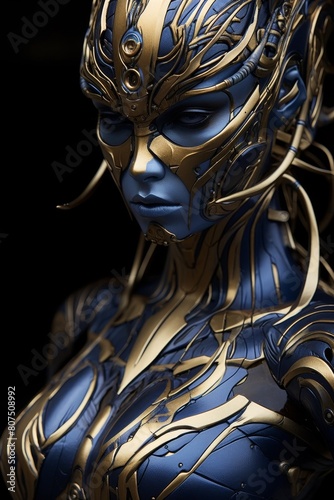 futuristic robotic woman with intricate golden and blue armor