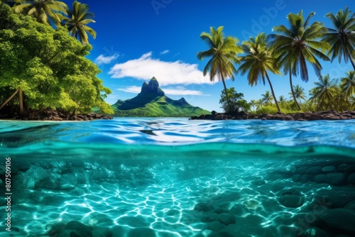 Tropical paradise with crystal clear waters and lush palm trees