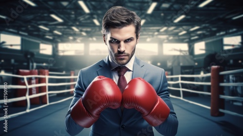 Determined businessman in boxing gloves standing in boxing ring © Balaraw