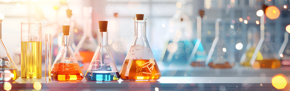 Some reagent bottles in the laboratory are placed on the table ...