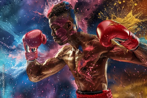 Admire the boxing sport man boxer in a colorful splash across this horizontal banner, Sharpen banner with space for text © JK_kyoto