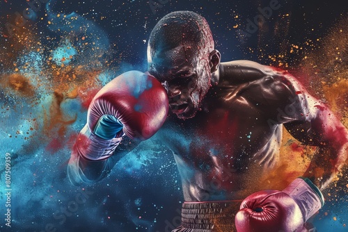 Admire the boxing sport man boxer in a colorful splash across this horizontal banner  Sharpen banner with space for text