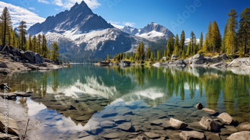 Serene mountain lake with snowy peaks and evergreen forest