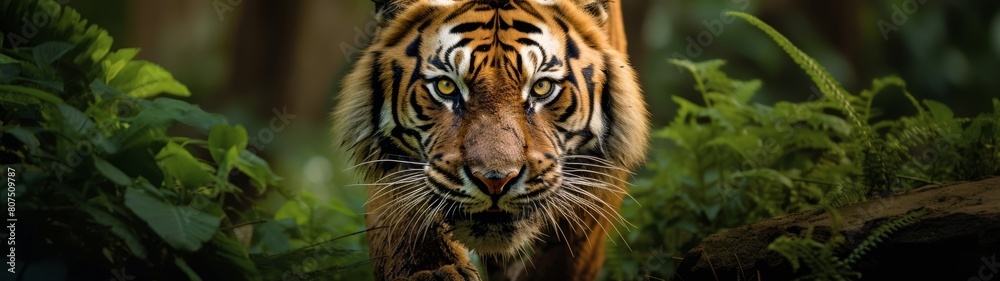 Fierce tiger in lush jungle
