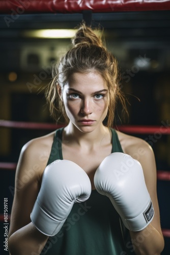 Determined female boxer in the ring © Balaraw