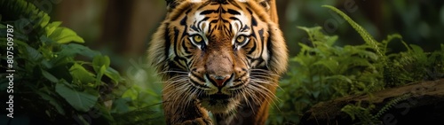 Fierce tiger in lush jungle
