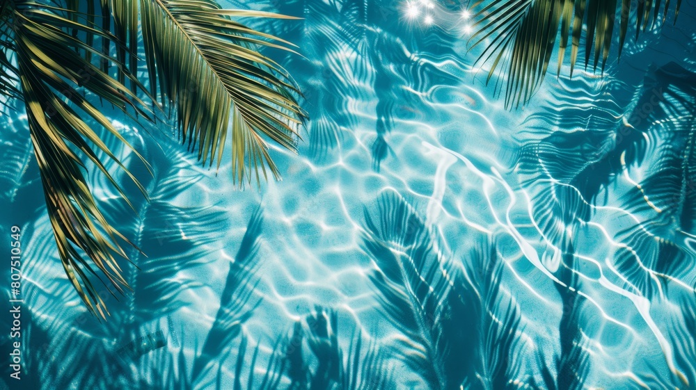 Top view of tropical leaf shadow on pool water surface. Beautiful abstract background concept banner. Top view of tropical leaf shadow on pool water surface. Beautiful abstract background concept banner.