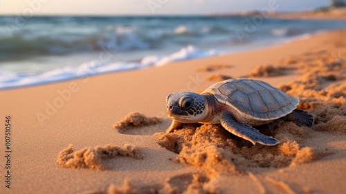 baby sea turtle on sandy beach at sunset