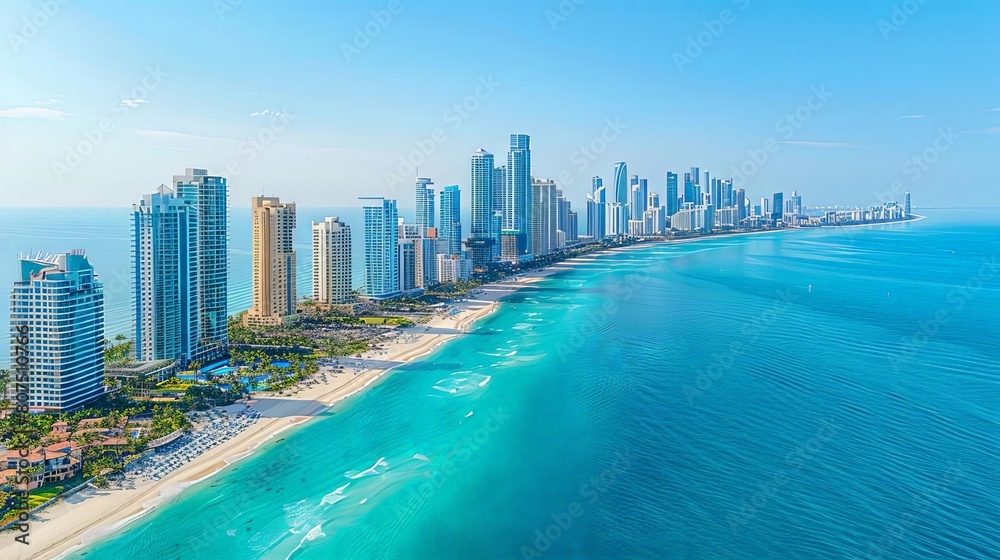 beautiful aerial coastal cities featuring tall buildings, a sandy beach, and a clear blue sky beautiful aerial coastal cities featuring tall buildings, a sandy beach, and a clear blue sky