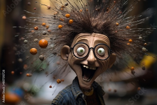 Whimsical and humorous character with wild hair and glasses photo