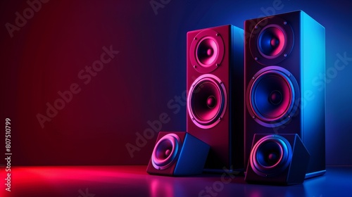 Two sound speakers and a subwoofer against a dark background with neon lights, creating a dynamic effect, Ai Generated