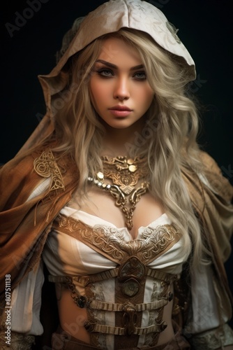 Mysterious fantasy warrior woman in ornate costume