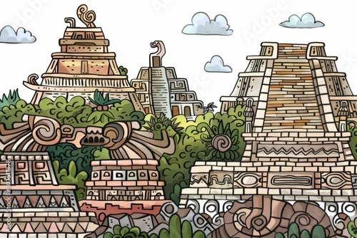 Cartoon cute doodles of labyrinthine streets and towering ziggurats in an ancient Sumerian city like Uruk or Eridu, bustling with priests, Generative AI photo