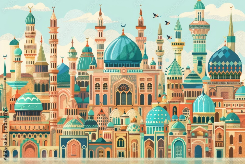 Cartoon cute doodles of ornate mosques and bustling souks in an ancient Islamic city like Baghdad or Cordoba, showcasing the cultural, Generative AI