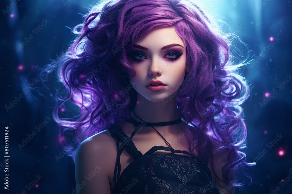Enchanting fantasy portrait of a young woman with vibrant purple hair