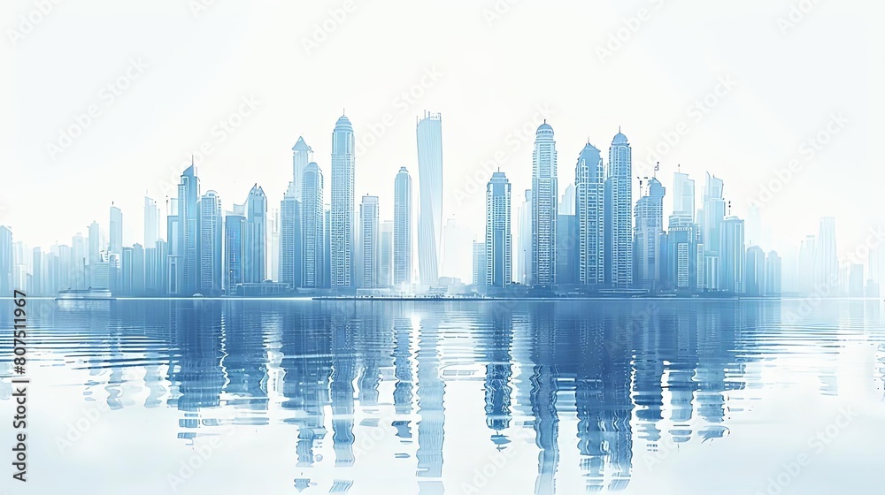 charming cityscapes reflected in calm blue waters under a clear white sky