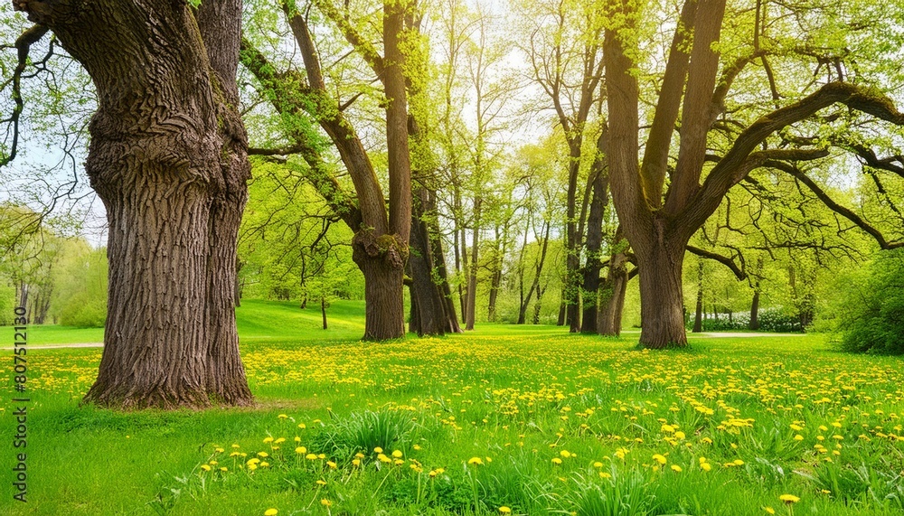 Beautiful spring landscape. Park with old trees, green grass and dandelions