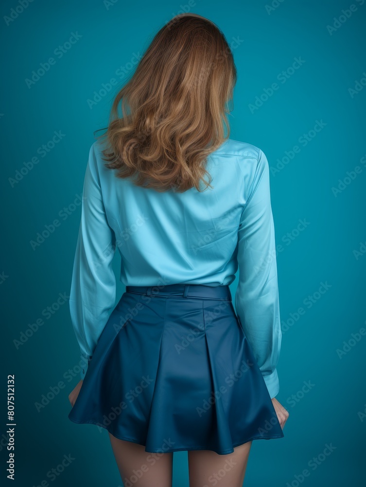 Stylish woman with long wavy hair in blue outfit Stylish woman with long wavy hair in blue outfit
