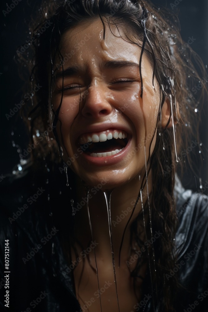 Joyful expression of a young woman in the rain Joyful expression of a young woman in the rain