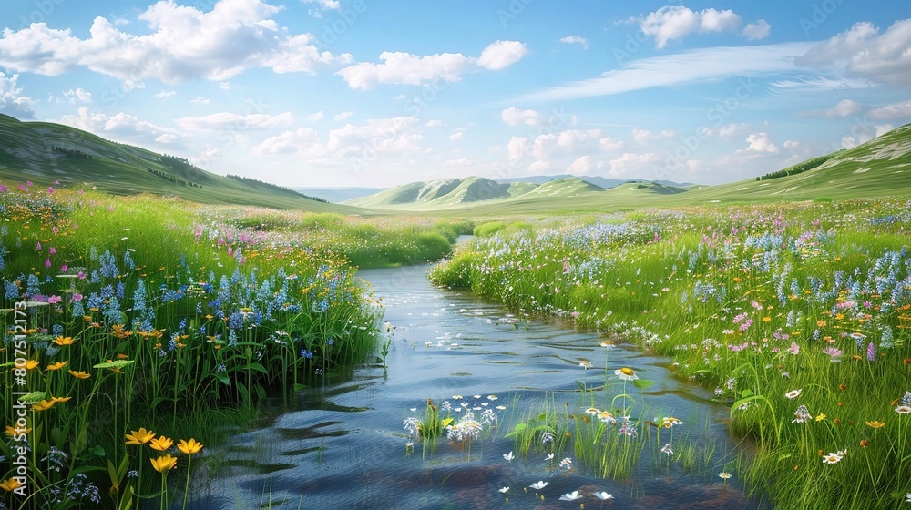 spring landscape dotted with colorful wildflowers and fresh green foliage spring landscape dotted with colorful wildflowers and fresh green foliage