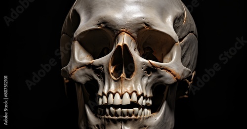 Closeup of a human skull with a gaping mouth photo