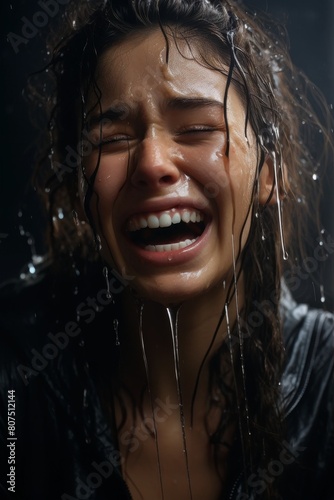 Joyful expression of a young woman in the rain