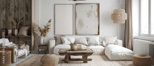 In the interior of a living room, a rustic decor element is captured in a 3D Mockup frame, 3D render sharpen photo