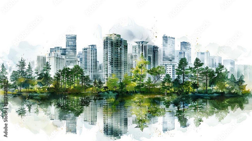 cities with green urban parks reflected in calm water, framed by tall green trees and a white sky