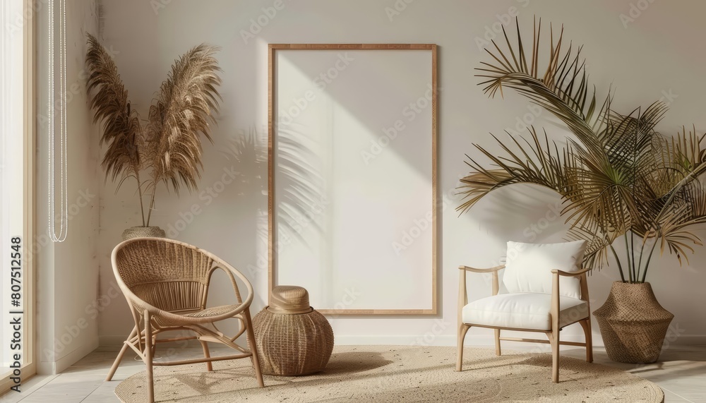 Fototapeta premium Modern ScandiBoho elements are perfectly framed by a Mockup poster frame, 3D render sharpen