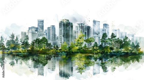 cities with green urban parks reflected in calm water  framed by tall green trees and a white sky