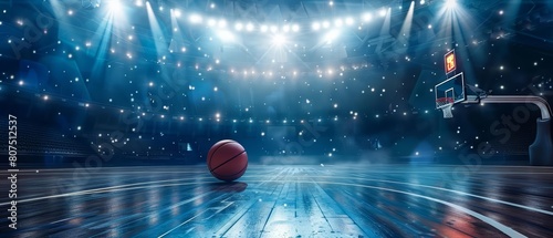 Marvel at the basketball game sport arena illuminated by spotlight, with the ball poised on the floor, Sharpen banner with space for text photo