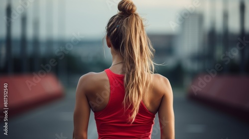 woman with long blonde hair in a bun wearing a red tank top