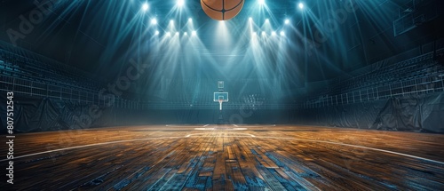 Marvel at the basketball game sport arena illuminated by spotlight, with the ball poised on the floor, Sharpen banner with space for text