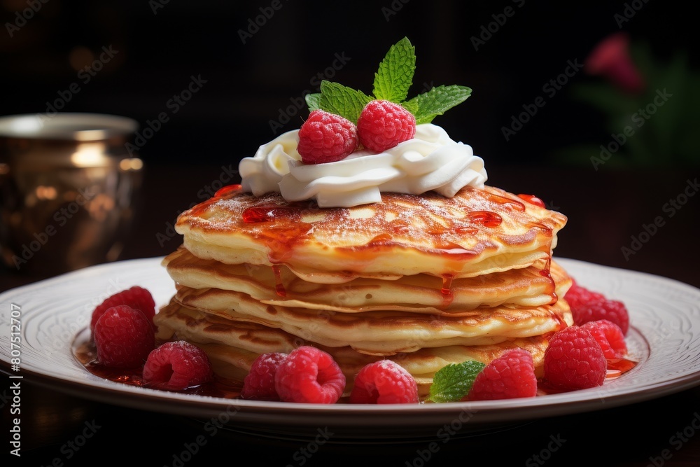 Delicious stack of homemade pancakes with fresh raspberries and whipped cream Delicious stack of homemade pancakes with fresh raspberries and whipped cream