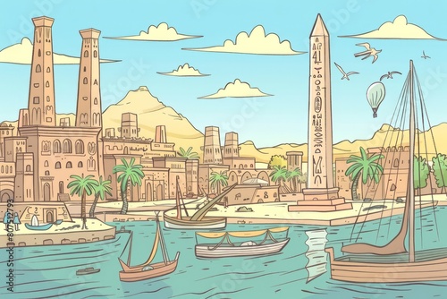 Cartoon cute doodles of towering obelisks and bustling harbors in an ancient Egyptian city like Alexandria or Thebes, known for their monumental, Generative AI