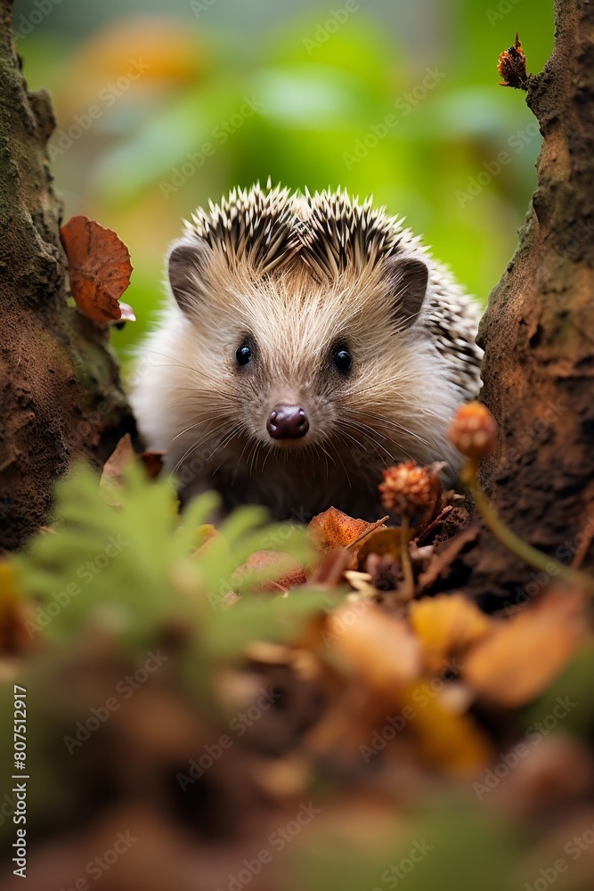 Naklejka premium Curious hedgehog peeking out from behind tree branches