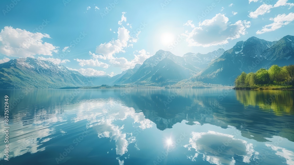 Fototapeta premium Serene mountain landscape reflects in the crystalclear lake below, offering a peaceful retreat, Sharpen banner template with copy space on center