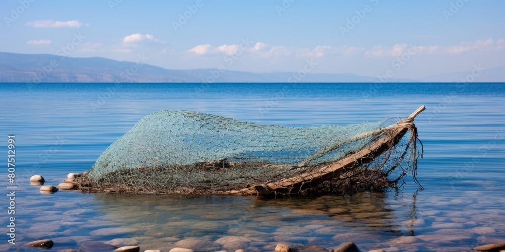 Fishing net floating on calm blue lake